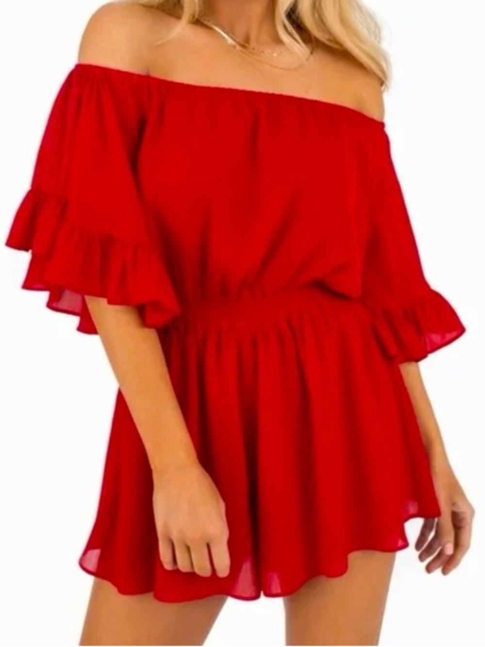 Kittenish Vibrant Red Ruffle Off-Shoulder Romper